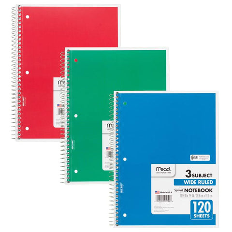 NOTEBOOK SPIRAL 3 SUBJECT 120 CT