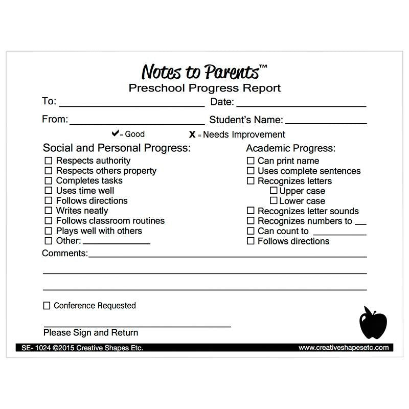 NOTES TO PARENTS PRESCHOOL PROGRESS